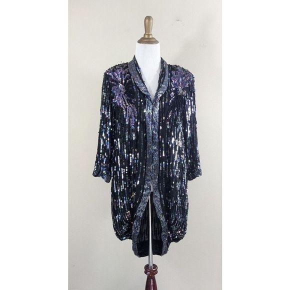 Oilslick rainbow Sequined Beaded long Silk Black Goddess Cardigan Jacket Vintage - Picture 7 of 16